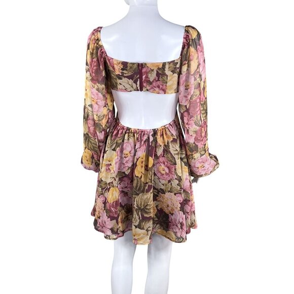 Showpo Women 6 Floral Mini Chiffon Cutout Dress Long Puff Sleeve Sweetheart Neck - Picture 2 of 16